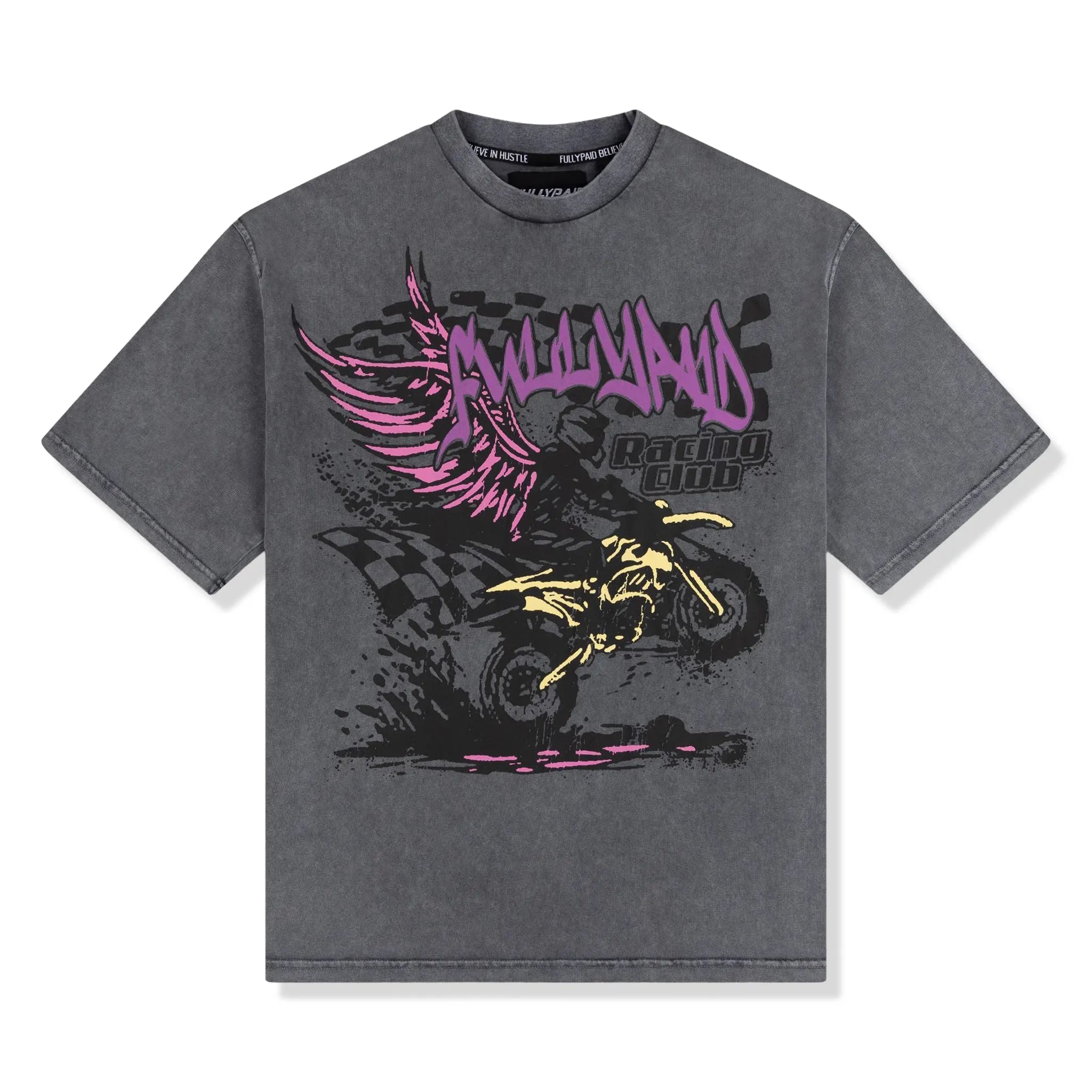 Front View of Fully Paid Racing Club Wash Grey Purple T-Shirt